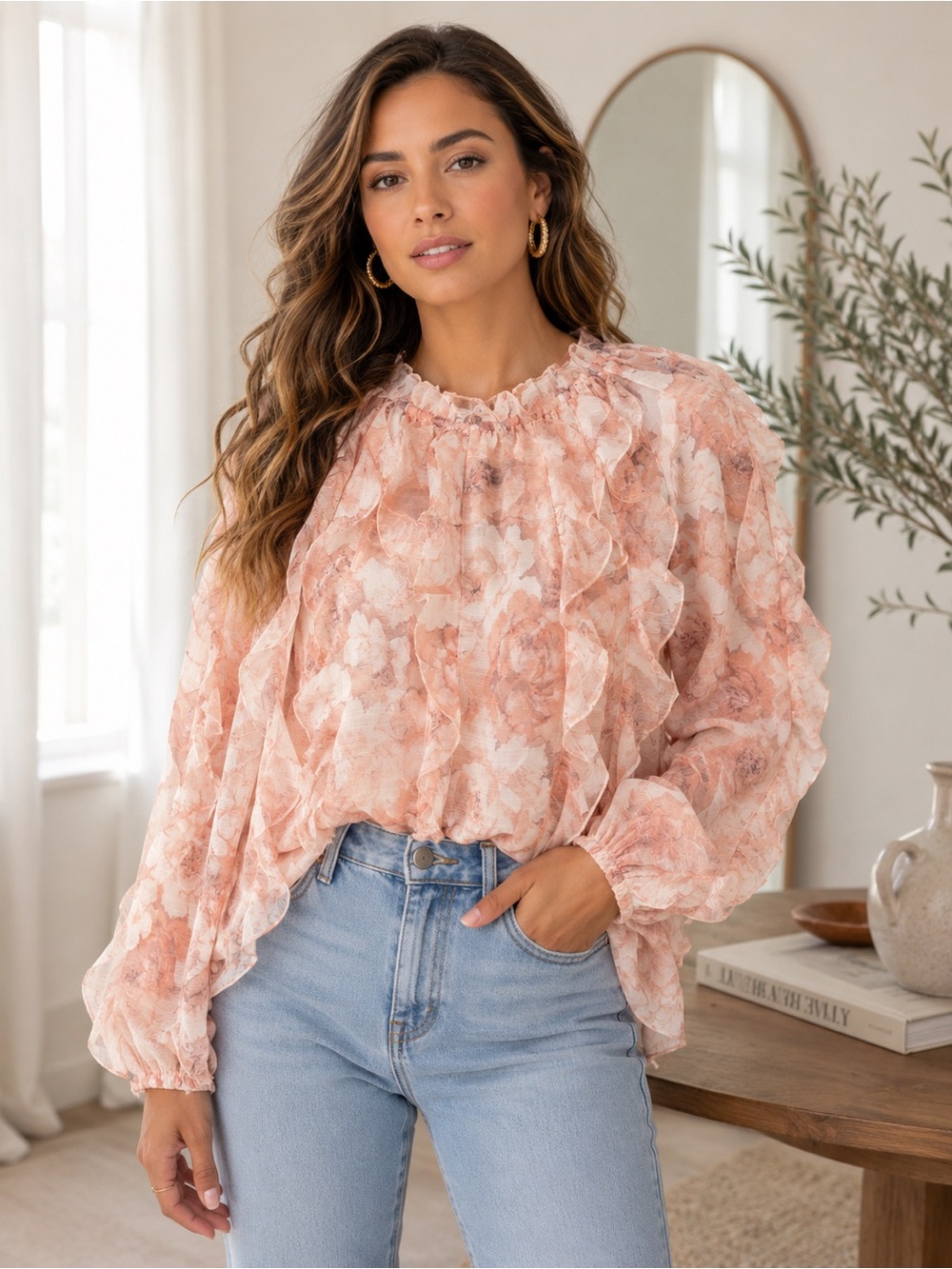 Blush Pink Floral Ruffle Long Sleeve Romantic Blouse
